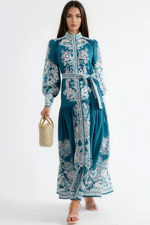 Rochie Maxi MSN, guler mandarin, multicolor, poliester-bumbac-lycra