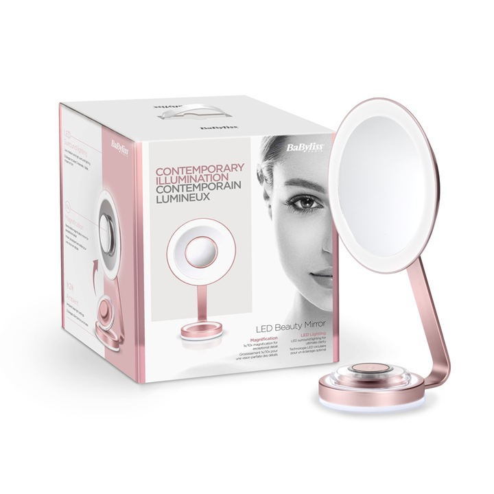 Козметично огледало BaByliss, LED осветление, регулируемо, 10x увеличение, розово