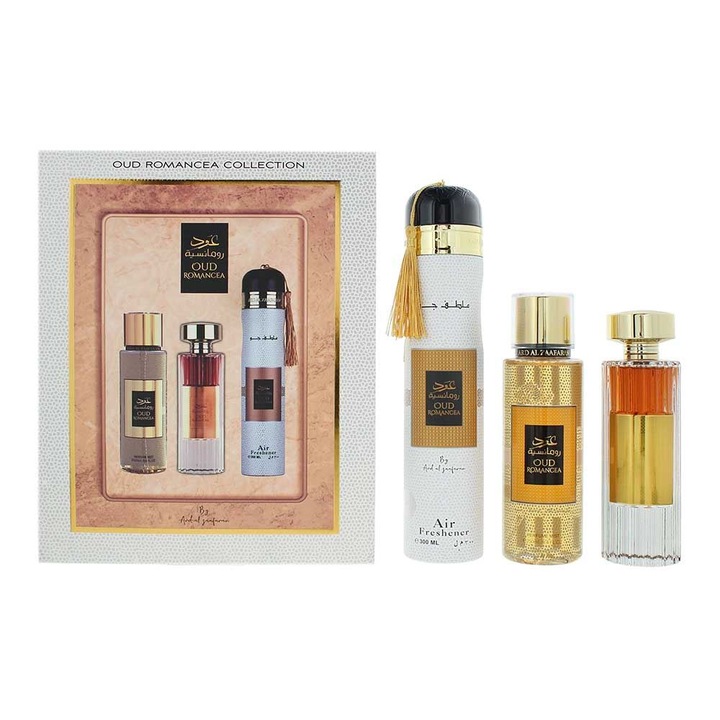 Ard Al Zaafaran szett: Oud Romancea, Eau de Parfum, nőknek, 100 ml + Oud Romancea, Parfüm spray, nőknek, 250 ml + Oud Romancea, Amber, Légfrissítő szobaillatosító, 300 ml