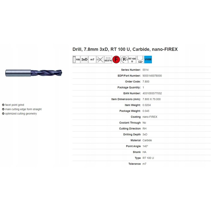 Set de burghie GUHRING, 7,80mm, 79mm lungime totala, 41mm lungime spirala, 36mm lungime de prindere