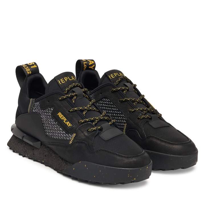 Férfi tornacipő, Replay, természetes bőr, fekete, textil anyag