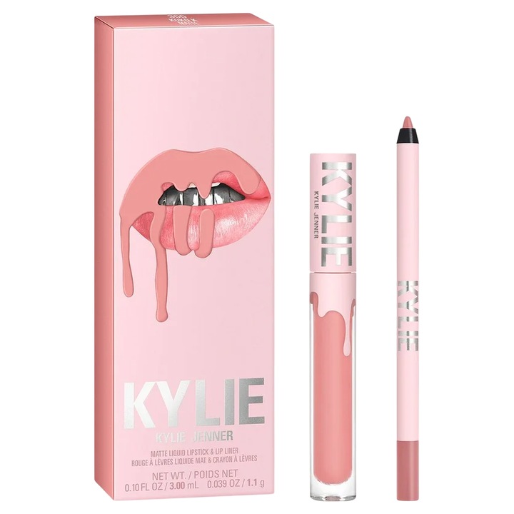 Set Kylie Cosmetics: By Kylie, ruj lichid, 300, Kokok, 3 ml + By Kylie, creion, contur buze, Kokok, 1.1 g