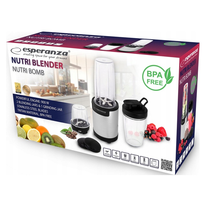 Blender Esperanza NUTRI BOMB 900W, 3 pohár, inox, 36x12,5x12,5cm