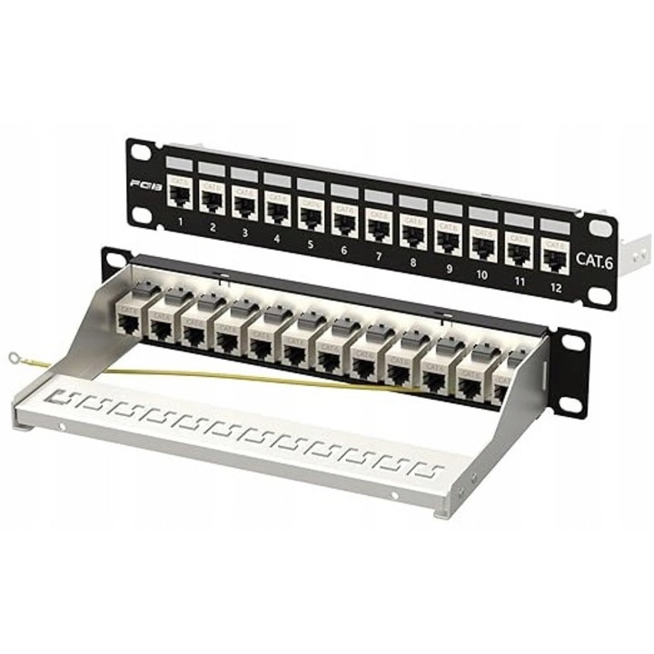 Panou de patch-uri FGB, 12-porturi Cat6 ecranat RJ45, 1U, pentru montaj rack