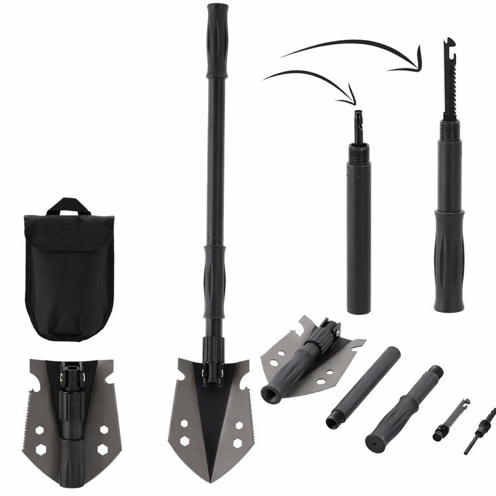 Lopata pliabila multifunctionala 9 in 1 pentru camping si gradina, otel, 70 cm, negru