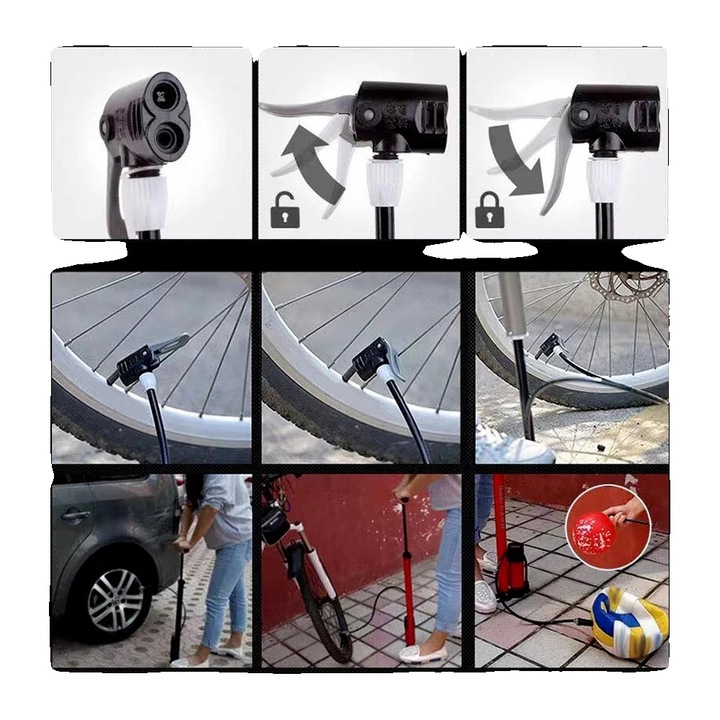 Помпа за велосипед, ръчна, максимално налягане 160 PSI, с вграден манометър, съвместима с вентили Presta и Schrader, 25x20см