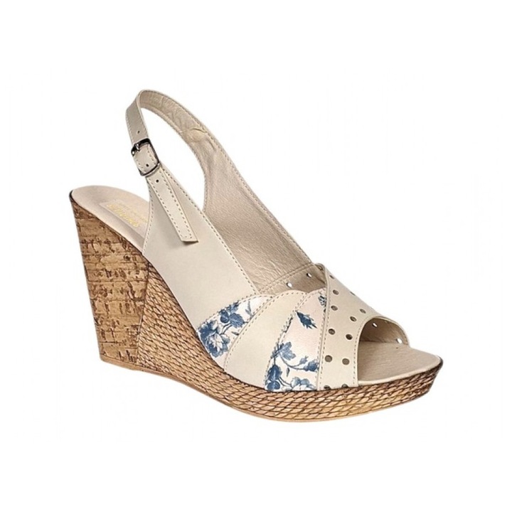 Sandale dama din piele naturala cu platforme 200800, Bej/Albastru
