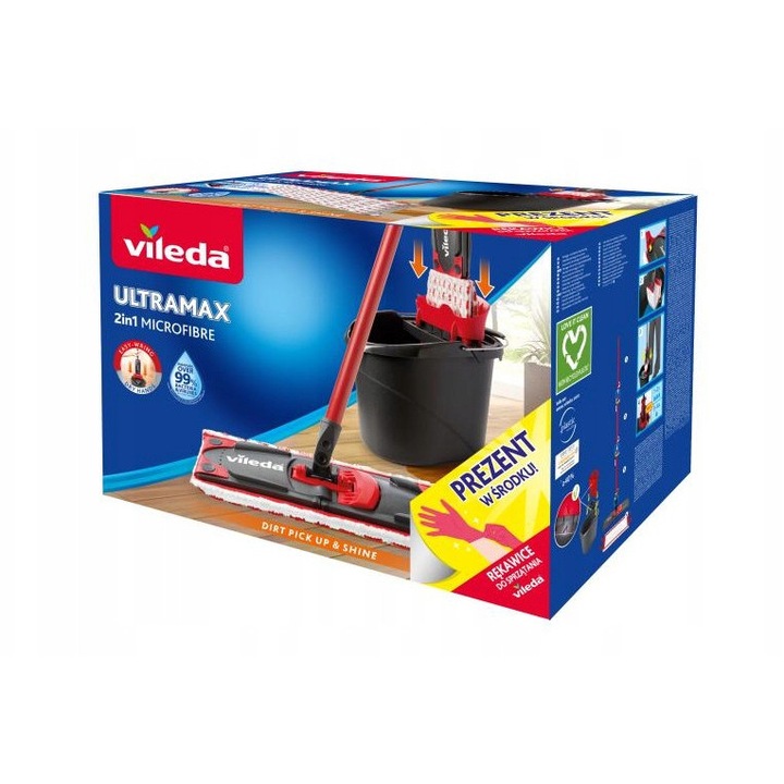 Set mop cu galeata si accesoriu, 34 cm, alb si rosu