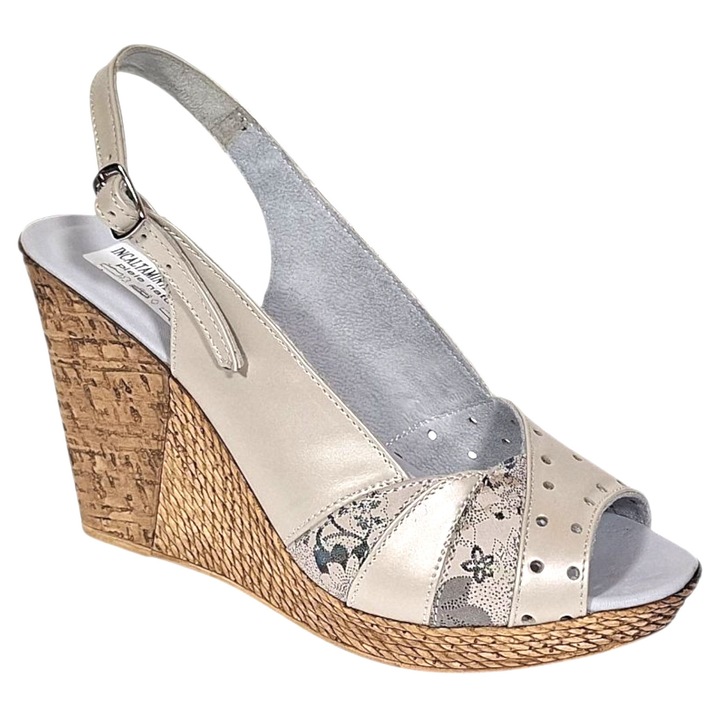 Sandale dama din piele naturala cu platforme 200800, Crem perlat