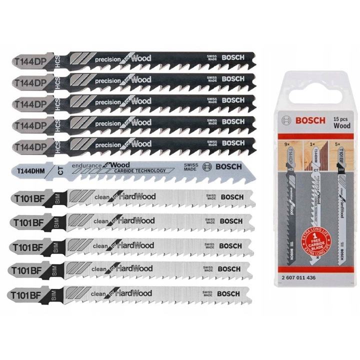 Set 15 lame pentru lemn, Bosch, tip T, pentru taiere dreapta, plastic