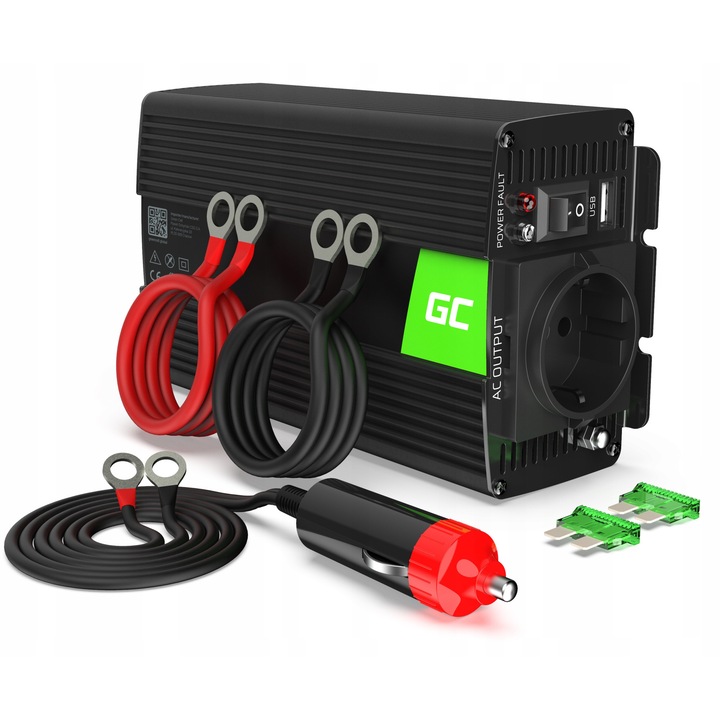 Inverter auto Green Cell INV17, 24V, 106x220x60mm, negru, cu port USB