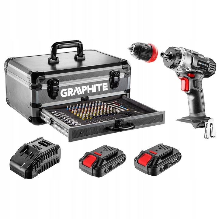 GRAPHITE Energy+ asztali készlet fúró-csavarozóval 2x18V/2.0Ah, 10 mm, 109 tartozék, alumínium tok