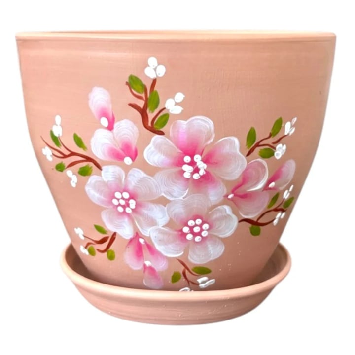 Ghiveci ceramic pictat manual cu farfurie si drenaj – ghiveci pentru plante interior exterior, 15 cm