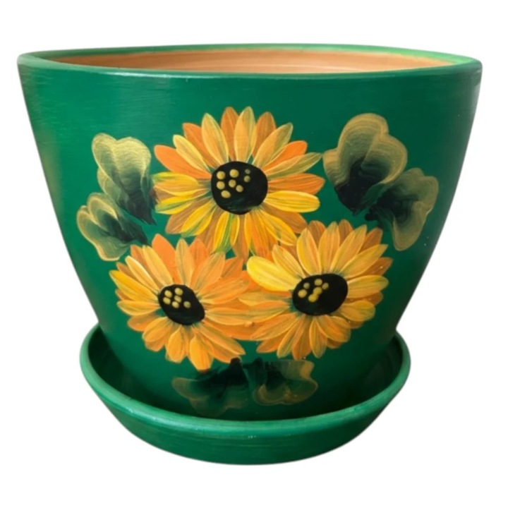 Ghiveci ceramic verde pictat manual cu farfurie si drenaj – ghiveci pentru plante interior exterior, 15 cm