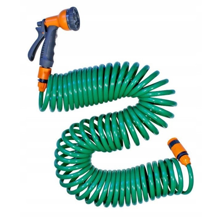 Комплект спирален градински маркуч 15м, 3/8", 2 конектора, 8 функции, GARDEN