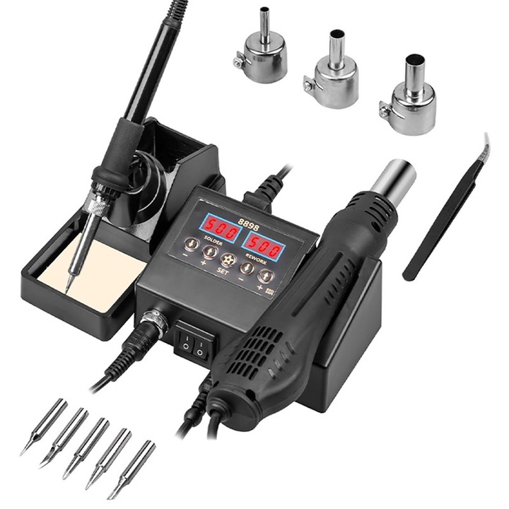 Statie de lipit cu set complet de accesorii, Omelivon, 2 in 1, Pistoale de lipit, Functii de aer cald, 600W, Temperatura ajustabila 100°C-500°C, Display LCD, Corectie digitala a temperaturii, Negru