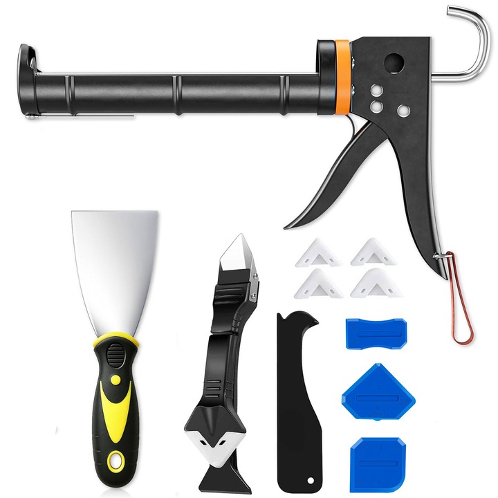 Set unelte pentru aplicare silicon, cu instrument de indepartare a siliconului si spatula, pentru baie si dus