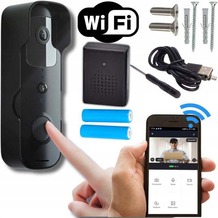 Kit videointerfon inteligent, WiFi, Full HD 1080p, cu detectie miscare, negru, 14,5x3,3x5cm