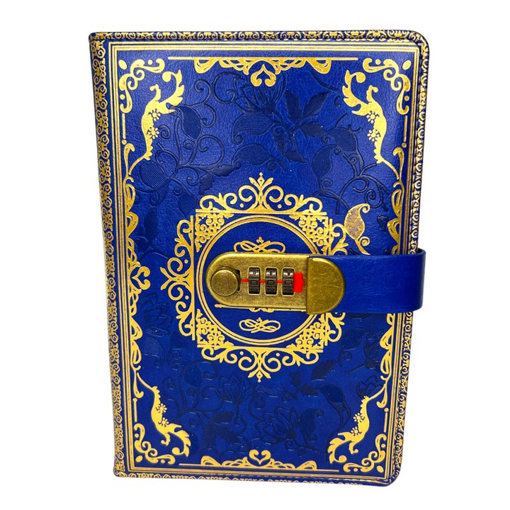 Agenda Vintage Elegance, din piele ecologica, cu cifru numeric, Albastru-Auriu, 22x15 cm, Velve