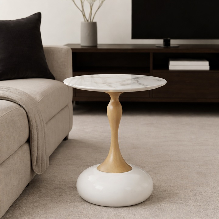 Кремава метална маса със златна основа и бяла керамична повърхност с мраморен ефект, 50x50см