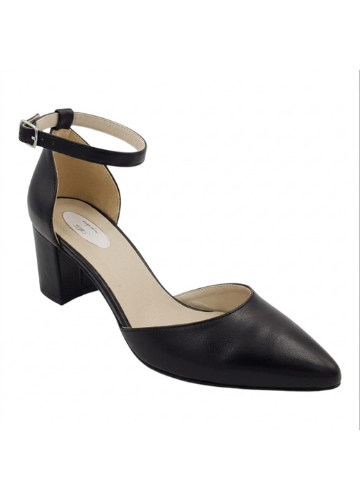 Sandale dama, SandAli, piele naturala cu catarama, toc masiv, negru, marimea 37