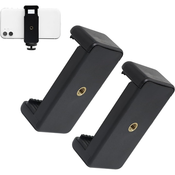 Set 2 cleme universale pentru telefon cu rotatie 360°, prindere 14 inch pentru trepied, monopied si selfie stick