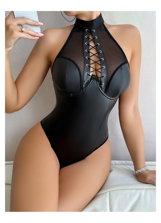 Body Dama Negru cu Insertii Transparente si Snur Decorativ, KLUDOO, Design elegant si Seducator, Marime M INT