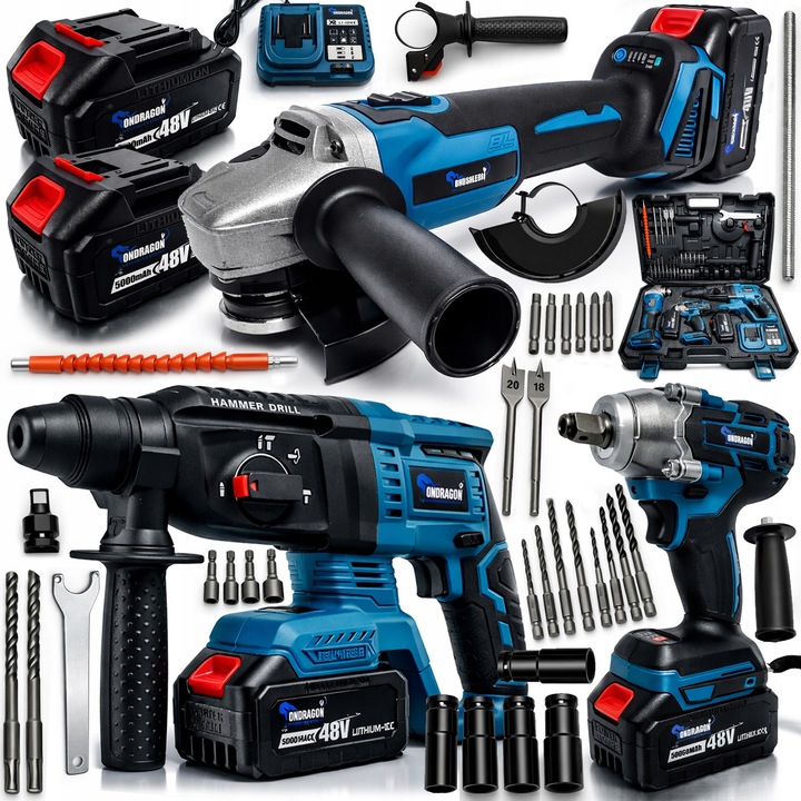 Set 3 in 1: Cheie de impact, slefuitor unghiular, ciocan rotopercutor, 36V, 2 acumulatori, 48V, 5.0Ah, fara perii