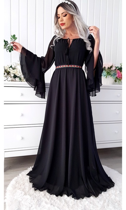 Rochie lungă ocazie neagră din voal, Negru