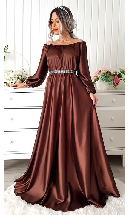 Rochie lunga satin Magda, maro, Maro