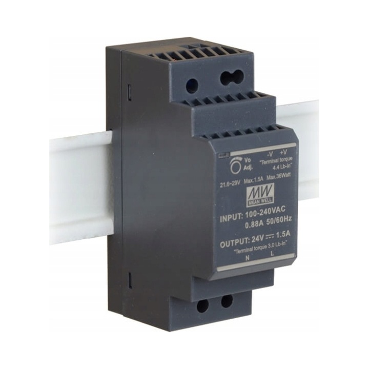 Захранване Mean Well HDR-30-24, 24V DC 30W 1.5A, монтаж на DIN шина TH35, защити SCP/OLP/OVP, черно, 35 x 90 x 54.5 мм