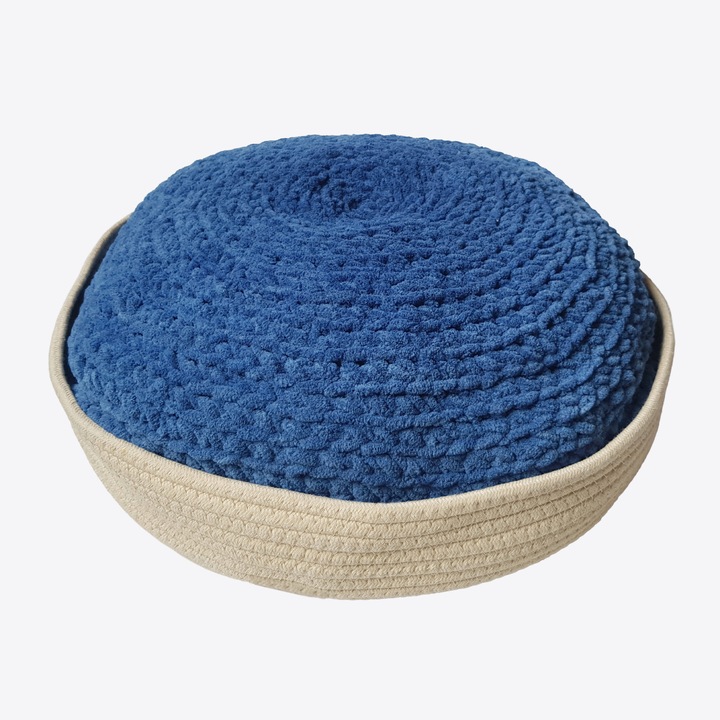 Кошница с кадифена възглавница за кучета и котки, Blanosic, Ръчно изработена, Бежово-синя, 45 см