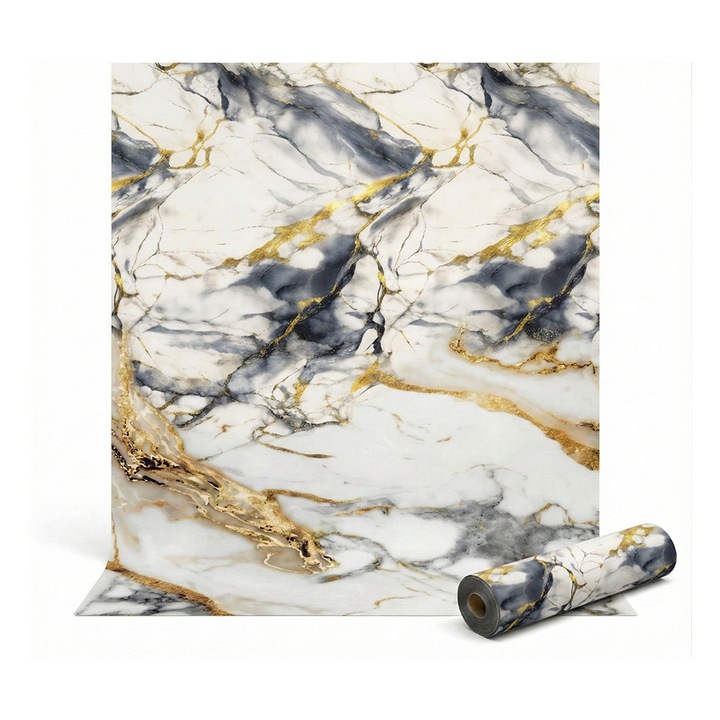 Rola tapet autoadeziv premium NEXTLY, marmura alba, waterproof, ajustabil, adeziv puternic, usor de montat, acoperire 3.6 mp, 120x300 cm, 2.5 mm grosime, alb-gold-albastru