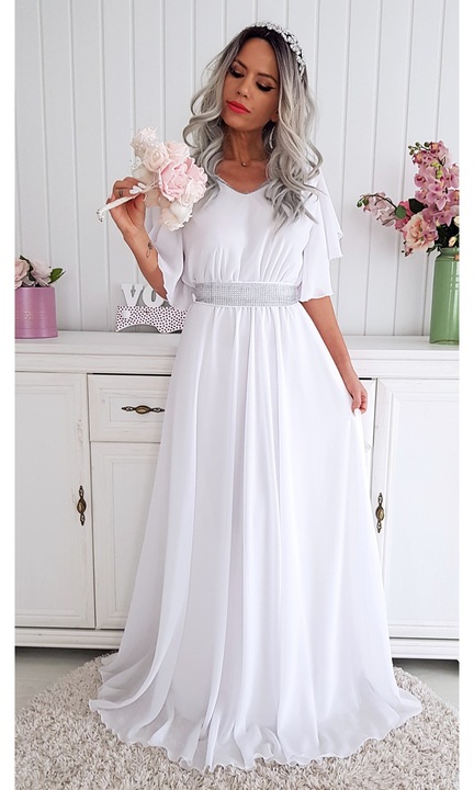 Rochie lunga ocazie voal Bijou, maneci evazate, alb, XS-S