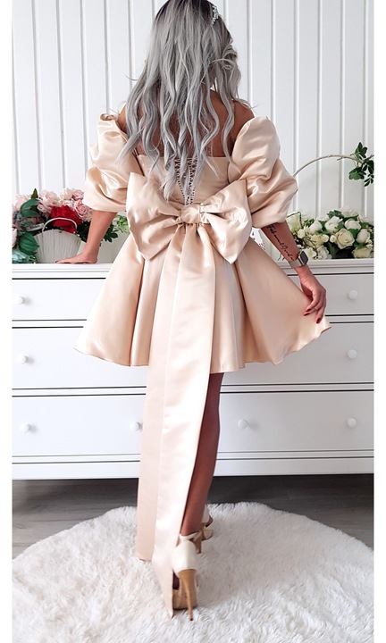 Rochie baby doll, scurtă, tafta, crem, maneci detașabile, fermoar spate, mărimea S