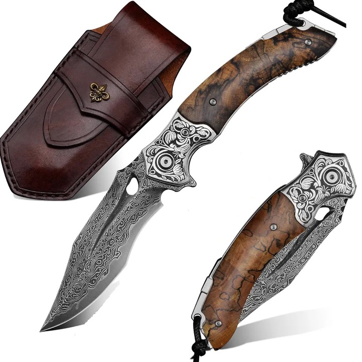 Cutit de vanatoare pliabil din otel damasc HARAHU RA-26660 - Maro