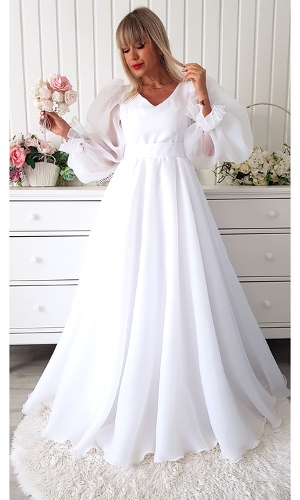 Дълга булчинска рокля от органза Sinziana бяла, макси панделка, широк силует, S