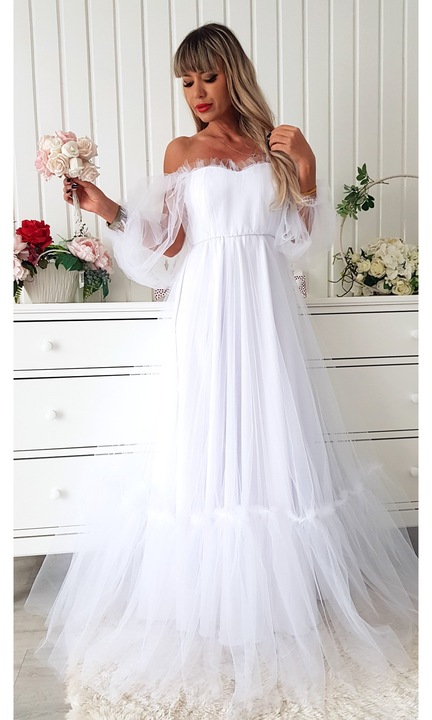 Rochie lungă mireasă alb, tulle, L-XL