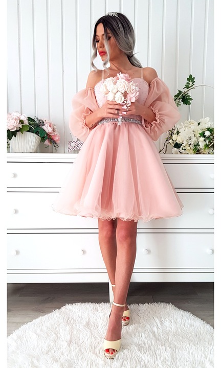 Rochie scurtă tulle Dalia, roz, S, manecute din tulle, bust cu accesoriu de pietricele
