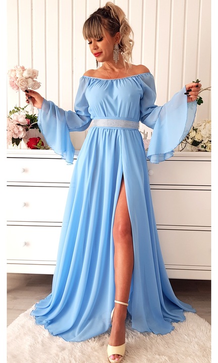 Rochie lungă voal Lilia, albastră, XS-S, maneci tip clopot, jupă interioară