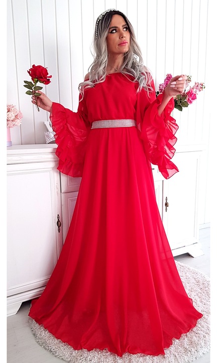 Rochie lunga voal Maia, maneci tip fluture, rosu, XS-S