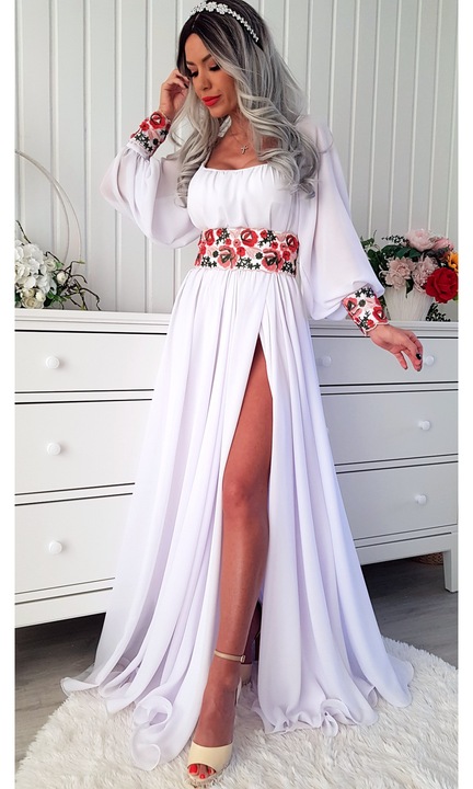 Rochie lunga voal Yana, maneci lungi, alb, 3XL