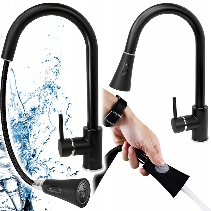 Renew Force konyhai csaptelep, forgatható zuhanyfejjel, kerámia, fekete, teljes szerelőkészlet