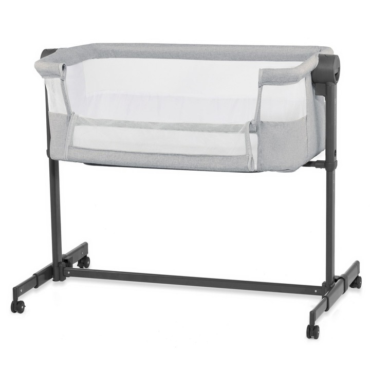 Patut bebe 2 in 1 Kinderkraft NESTE UP 2, gri deschis, cu saltea inclusa, 5 niveluri de inaltime
