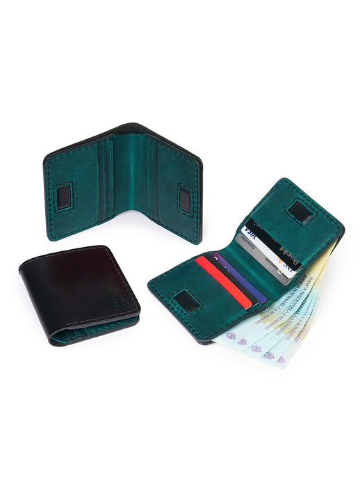 Portofel Barbati din Piele Naturala ElyK, Model Odin, Lucrat Manual, Design Slim Bifold, Minimalist, Compartiment Carduri si Bancnote, Negru cu turcoaz