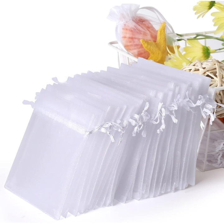 100 db átlátszó organza tasak szett, 10x15 cm, húzózsinórral, esküvői ajándékokhoz és ékszerekhez