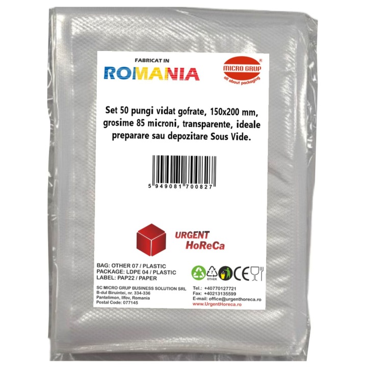 Pungi vidat gofrate Urgent Horeca, 150x200mm, 85 microni, transparente, set 50 bucati