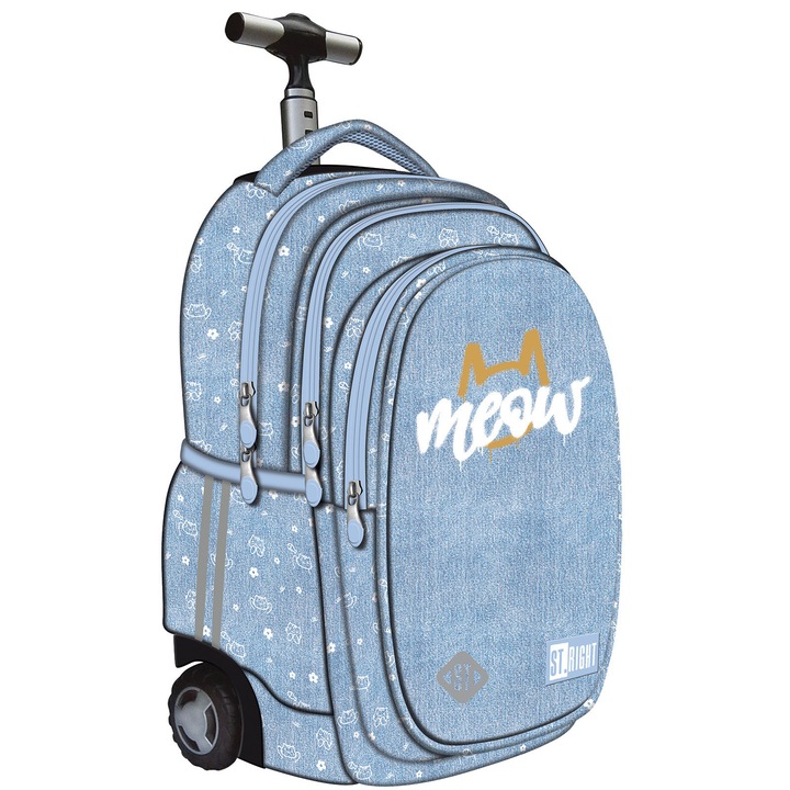 Ghiozdan tip Troler St.Right TB01, Meow Mood, Roti Silicon, Impermeabil, 44x32x25 cm