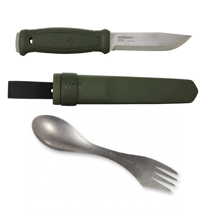 Pachet promo Cutit Morakniv Garberg Green INOX, cu teaca de polimer si Spork Titanium, Light My Fire