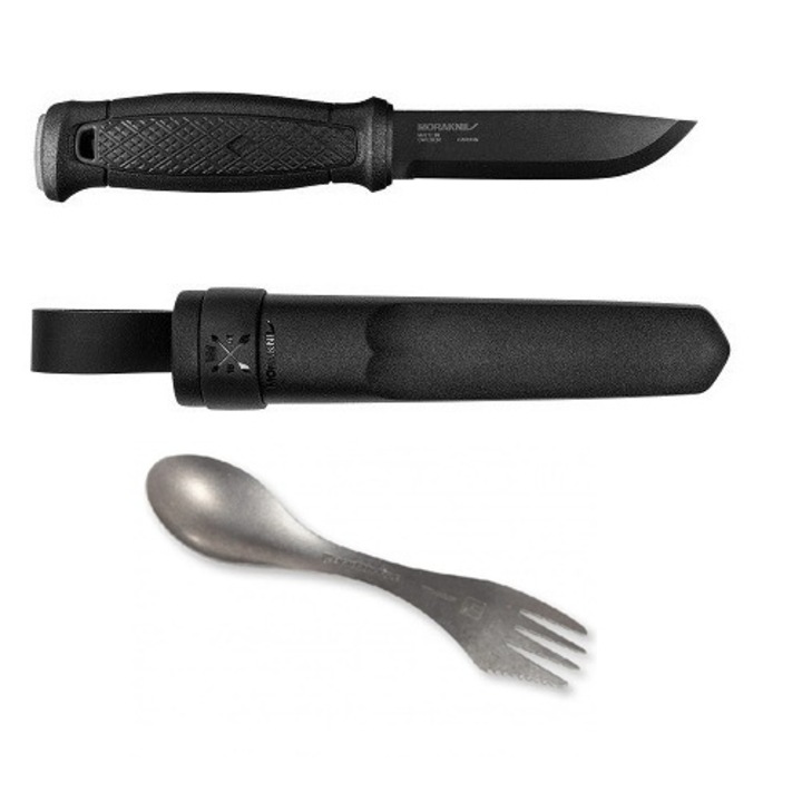 Pachet promo Cutit Morakniv Garberg Carbon negru cu teaca polimer si Spork Titanium, Light My Fire
